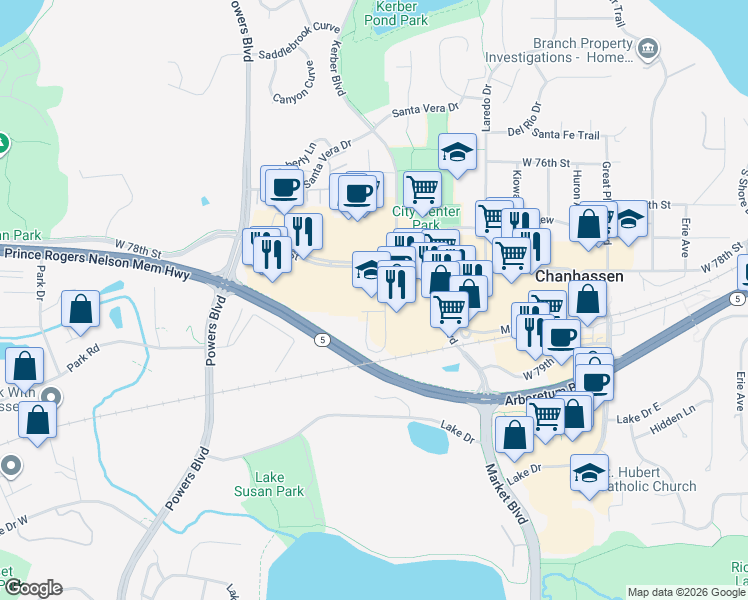 map of restaurants, bars, coffee shops, grocery stores, and more near 7808 Kerber Boulevard in Chanhassen