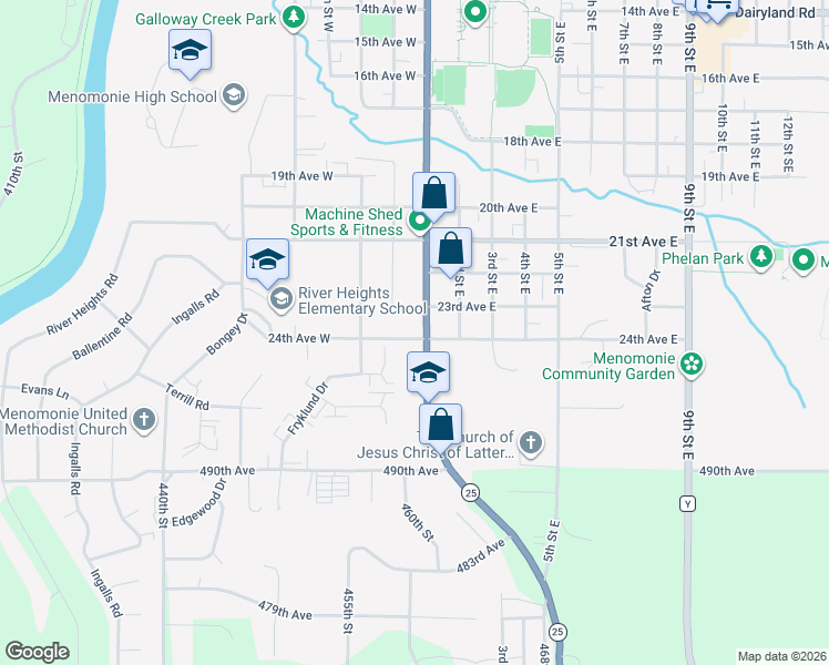 map of restaurants, bars, coffee shops, grocery stores, and more near 2214 2nd Street West in Menomonie