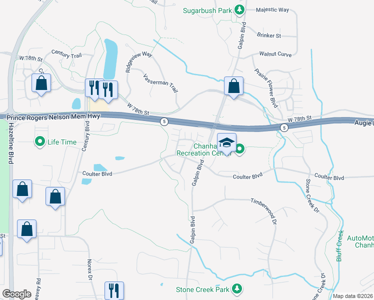 map of restaurants, bars, coffee shops, grocery stores, and more near 2398 Harvest Way in Chanhassen