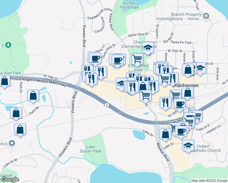 map of restaurants, bars, coffee shops, grocery stores, and more near 851 West 78th Street in Chanhassen