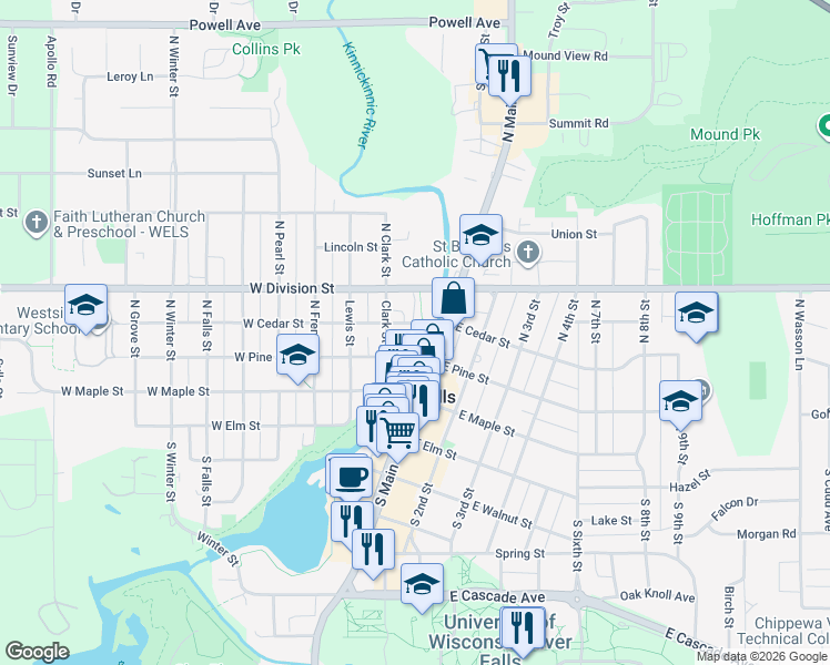 map of restaurants, bars, coffee shops, grocery stores, and more near 308 River Street in River Falls