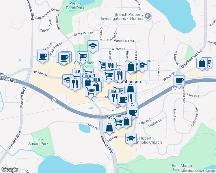 map of restaurants, bars, coffee shops, grocery stores, and more near 551 West 78th Street in Chanhassen