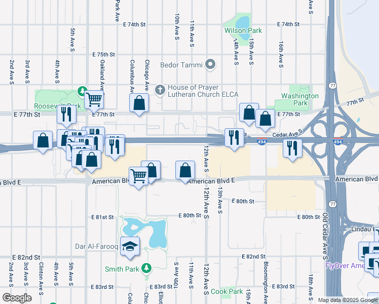 map of restaurants, bars, coffee shops, grocery stores, and more near 801 E 78th St in Bloomington