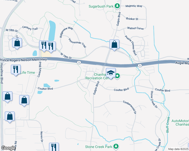 map of restaurants, bars, coffee shops, grocery stores, and more near 7879 Autumn Ridge Avenue in Chanhassen
