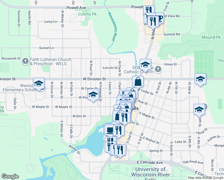 map of restaurants, bars, coffee shops, grocery stores, and more near 220 West Cedar Street in River Falls