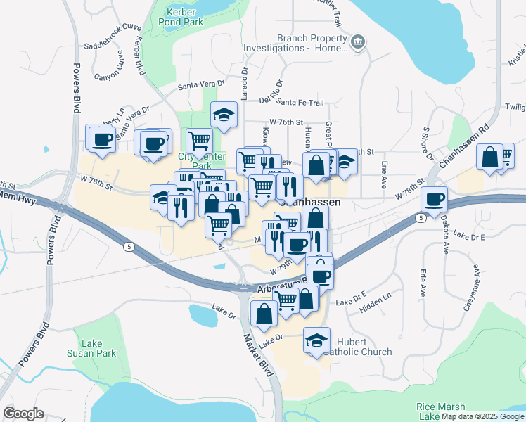 map of restaurants, bars, coffee shops, grocery stores, and more near 551 West 78th Street in Chanhassen