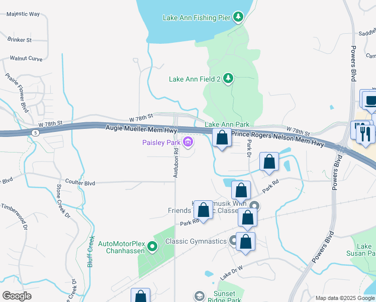 map of restaurants, bars, coffee shops, grocery stores, and more near 7801 Audubon Road in Chanhassen