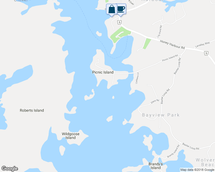 map of restaurants, bars, coffee shops, grocery stores, and more near 185 Picnic Island Road in Port Severn