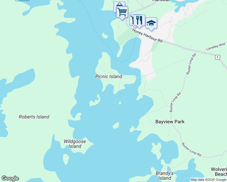 map of restaurants, bars, coffee shops, grocery stores, and more near 185 Picnic Island Road in Port Severn