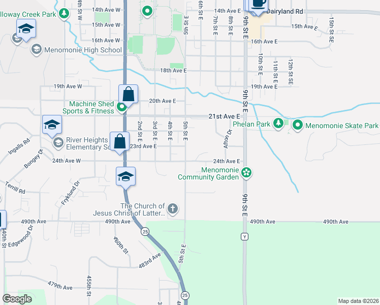 map of restaurants, bars, coffee shops, grocery stores, and more near 2220 5th Street East in Menomonie