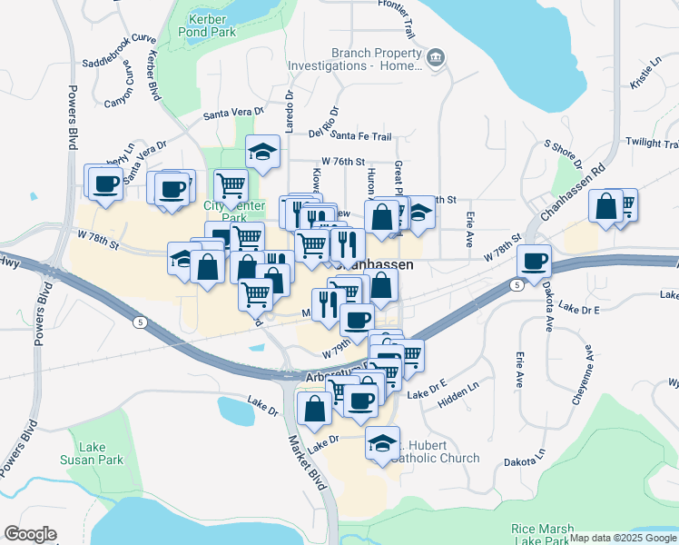 map of restaurants, bars, coffee shops, grocery stores, and more near 525 West 78th Street in Chanhassen