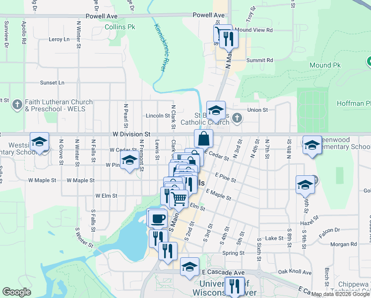map of restaurants, bars, coffee shops, grocery stores, and more near 315 River Street in River Falls