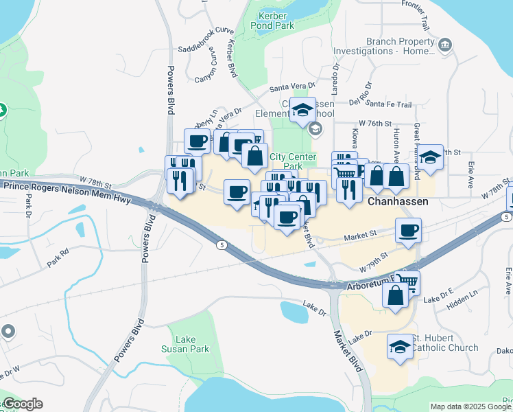 map of restaurants, bars, coffee shops, grocery stores, and more near 851 West 78th Street in Chanhassen
