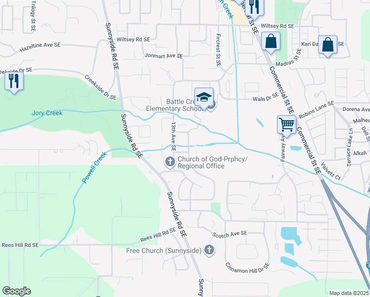 map of restaurants, bars, coffee shops, grocery stores, and more near 6443 Doral Drive Southeast in Salem