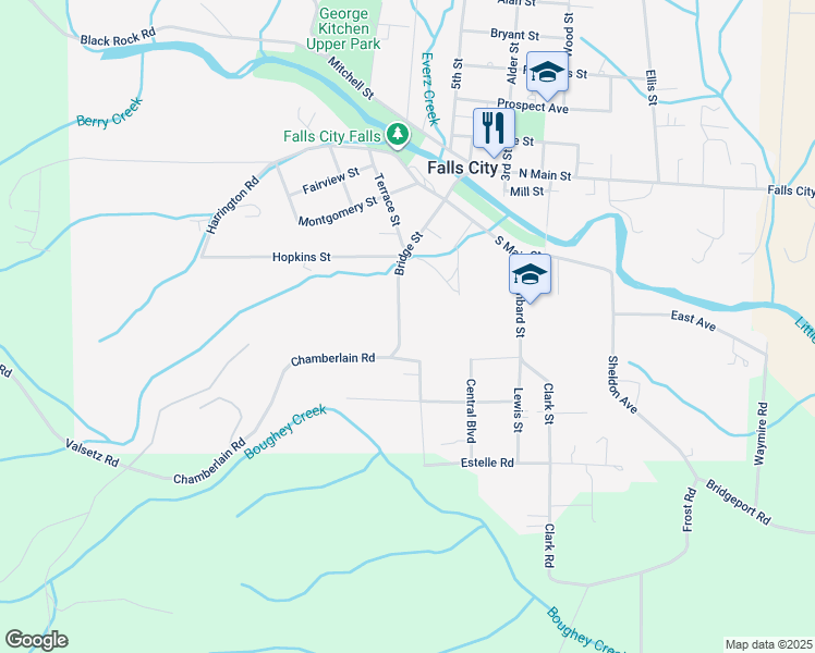 map of restaurants, bars, coffee shops, grocery stores, and more near 357 Bridge Street in Falls City