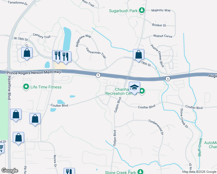 map of restaurants, bars, coffee shops, grocery stores, and more near 2398 Harvest Way in Chanhassen