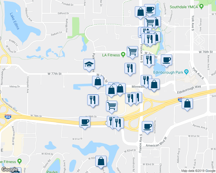 map of restaurants, bars, coffee shops, grocery stores, and more near Minnesota Drive in Edina