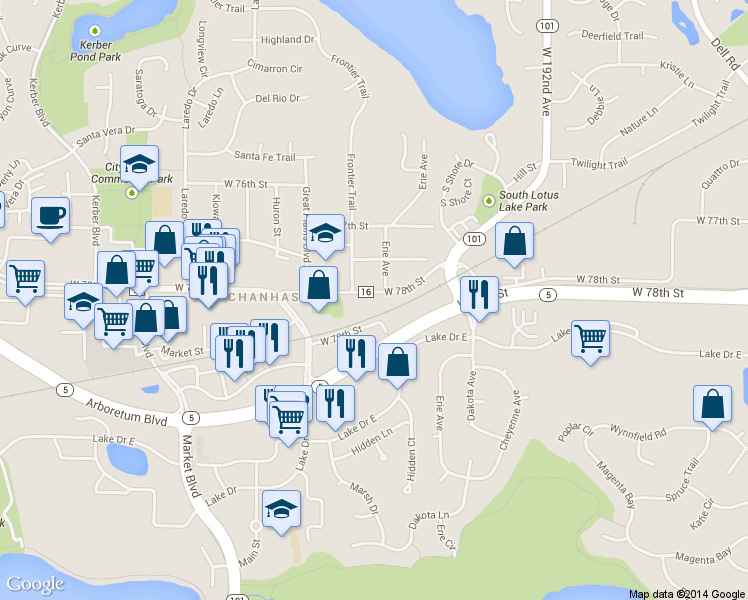 map of restaurants, bars, coffee shops, grocery stores, and more near 225 West 78th Street in Chanhassen