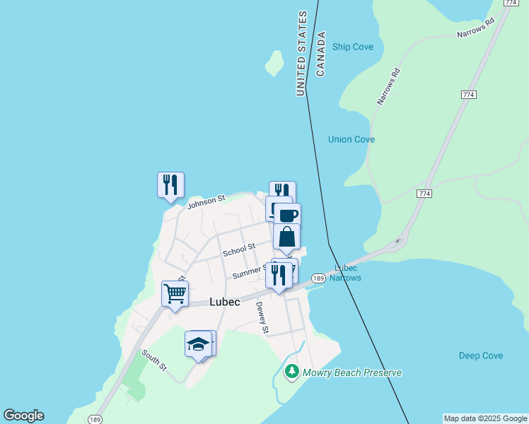 map of restaurants, bars, coffee shops, grocery stores, and more near 3 Pleasant Street in Lubec