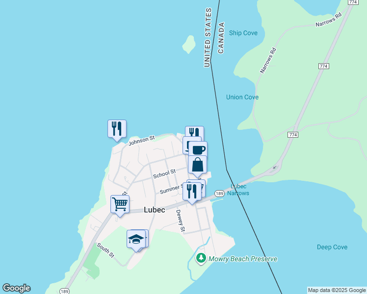 map of restaurants, bars, coffee shops, grocery stores, and more near 3 Pleasant Street in Lubec