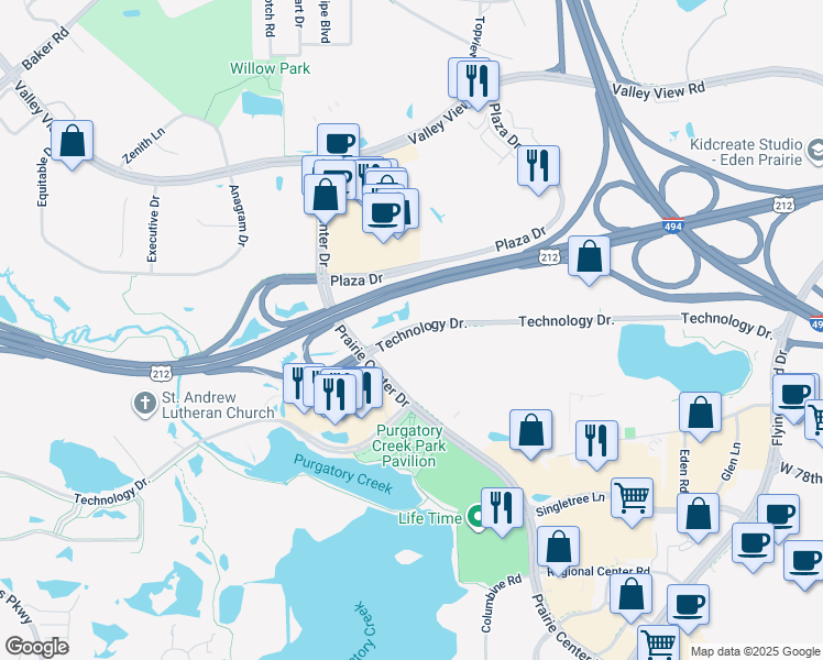 map of restaurants, bars, coffee shops, grocery stores, and more near 12125 Technology Drive in Eden Prairie