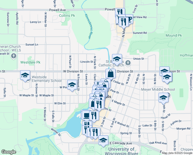 map of restaurants, bars, coffee shops, grocery stores, and more near 406 Clark Street in River Falls