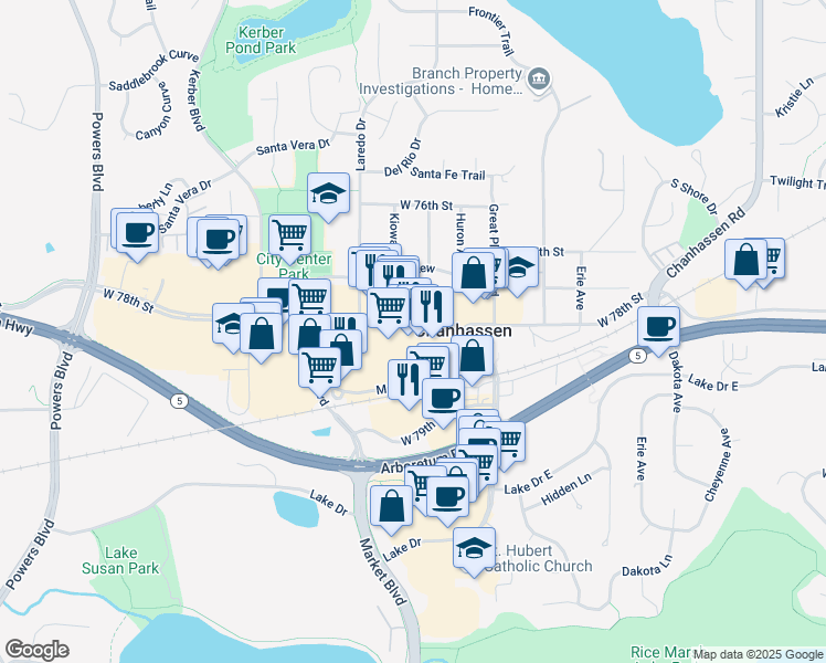 map of restaurants, bars, coffee shops, grocery stores, and more near 521 West 78th Street in Chanhassen