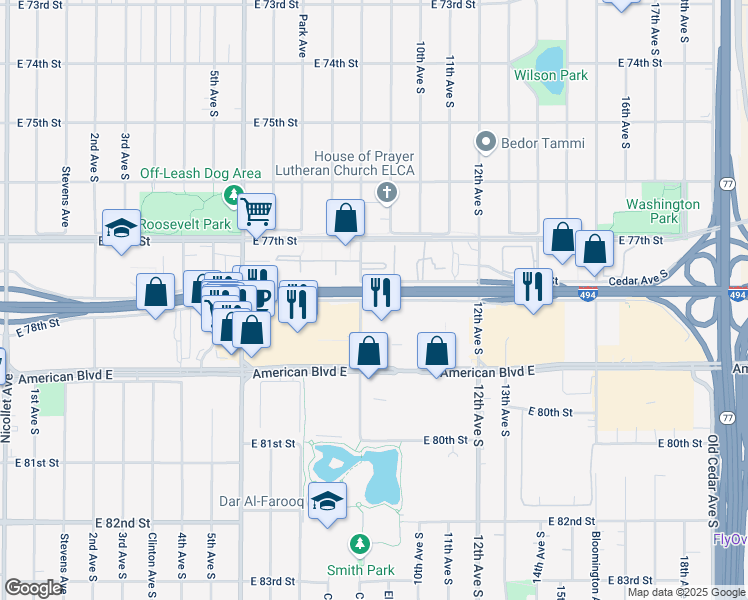 map of restaurants, bars, coffee shops, grocery stores, and more near 801 East 78th Street in Bloomington