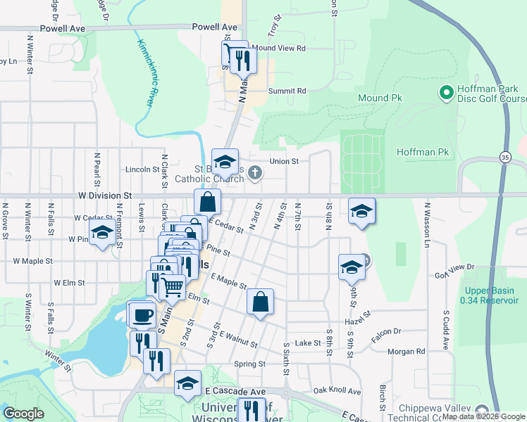 map of restaurants, bars, coffee shops, grocery stores, and more near 432 North 3rd Street in River Falls