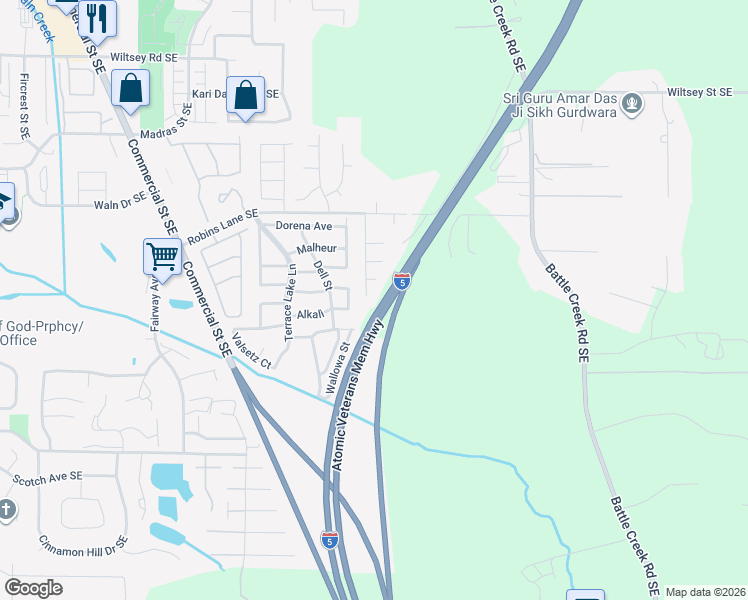 map of restaurants, bars, coffee shops, grocery stores, and more near 6488 Robin Hood Street Southeast in Salem