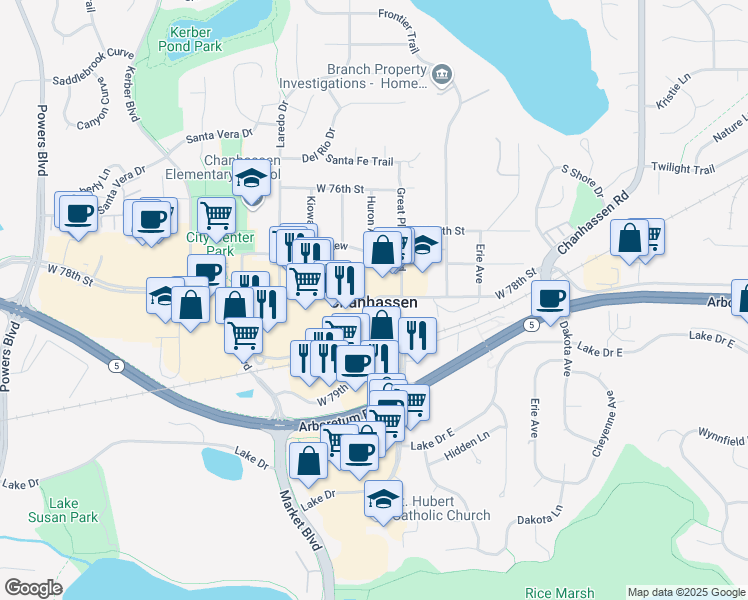 map of restaurants, bars, coffee shops, grocery stores, and more near Great Plains Boulevard & West 78th Street in Chanhassen