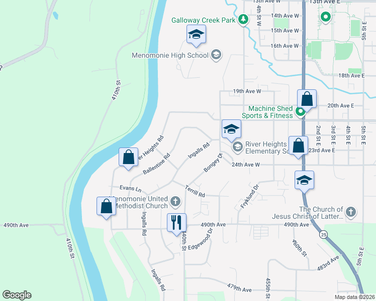 map of restaurants, bars, coffee shops, grocery stores, and more near 813 Ingalls Road in Menomonie