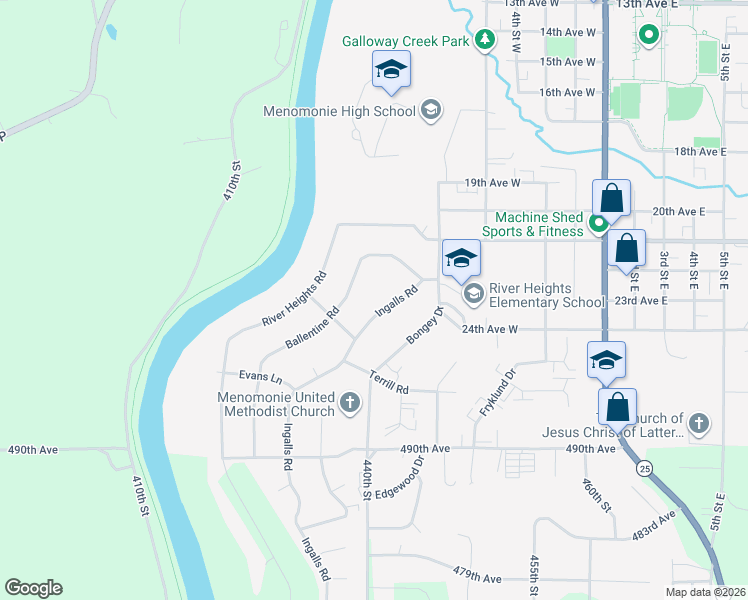 map of restaurants, bars, coffee shops, grocery stores, and more near 813 Ingalls Road in Menomonie