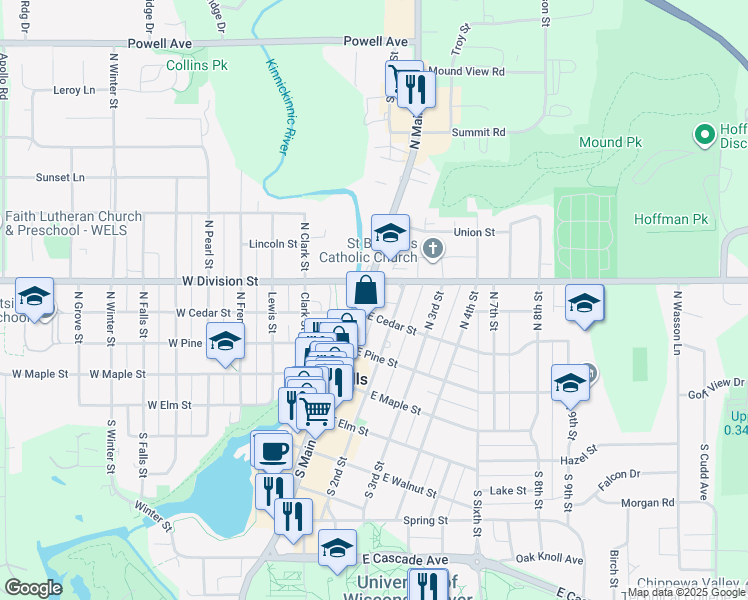 map of restaurants, bars, coffee shops, grocery stores, and more near 410 North Main Street in River Falls
