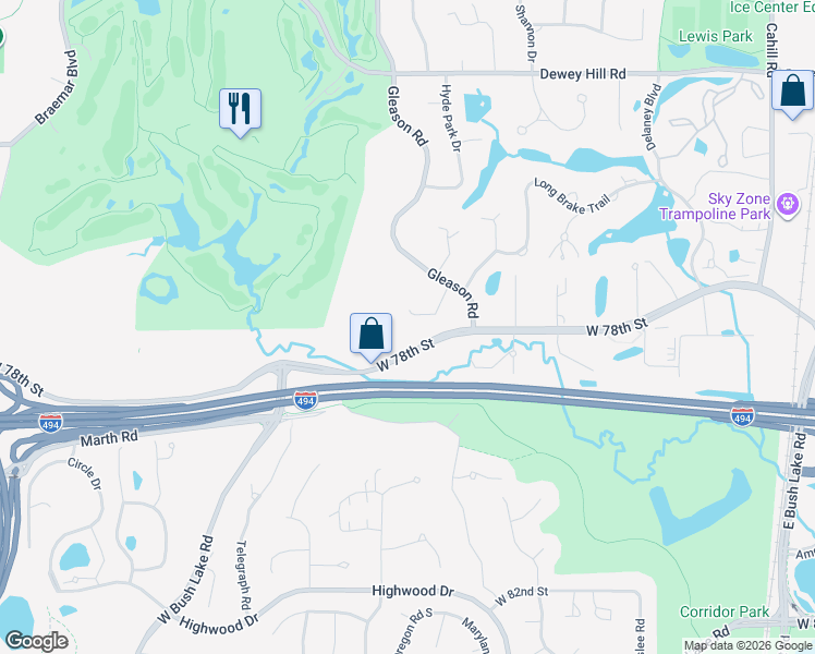 map of restaurants, bars, coffee shops, grocery stores, and more near 7727 Tanglewood Court in Minneapolis