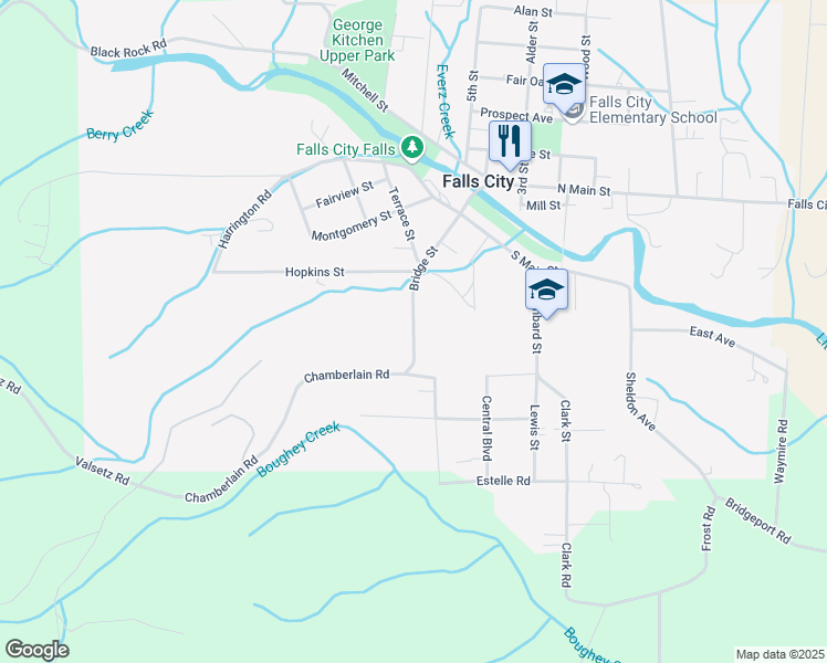 map of restaurants, bars, coffee shops, grocery stores, and more near 357 Bridge Street in Falls City
