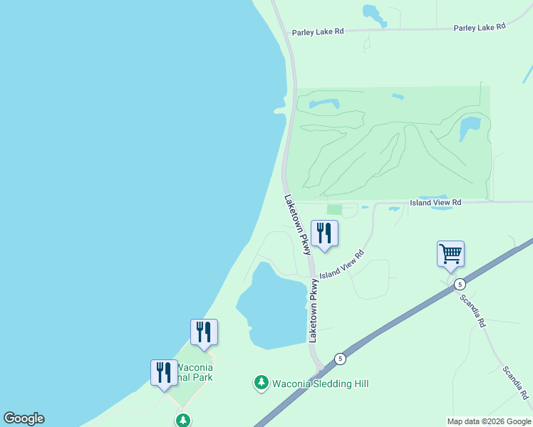 map of restaurants, bars, coffee shops, grocery stores, and more near 1635 Interlaken Parkway North in Waconia