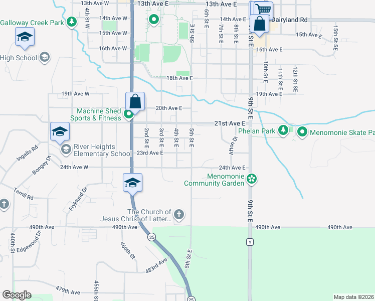 map of restaurants, bars, coffee shops, grocery stores, and more near 2220 5th Street East in Menomonie