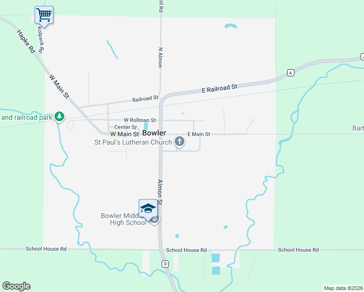 map of restaurants, bars, coffee shops, grocery stores, and more near 101 1st Street in Bowler