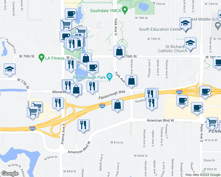 map of restaurants, bars, coffee shops, grocery stores, and more near 3400 Edinborough Way in Bloomington