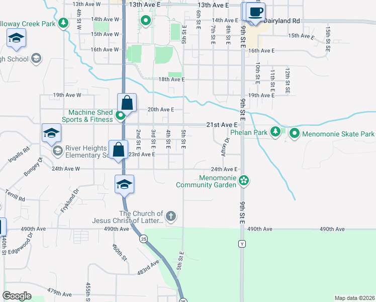 map of restaurants, bars, coffee shops, grocery stores, and more near 2220 5th Street East in Menomonie