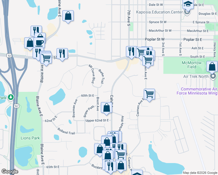 map of restaurants, bars, coffee shops, grocery stores, and more near 5971 Cahill Avenue in Inver Grove Heights