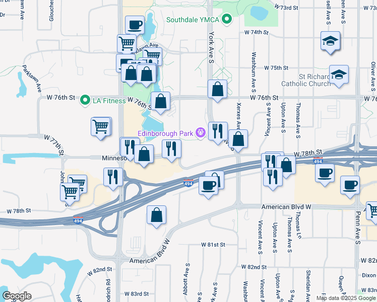 map of restaurants, bars, coffee shops, grocery stores, and more near 3400 Edinborough Way in Bloomington