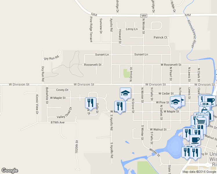 map of restaurants, bars, coffee shops, grocery stores, and more near 1106 West Division Street in River Falls