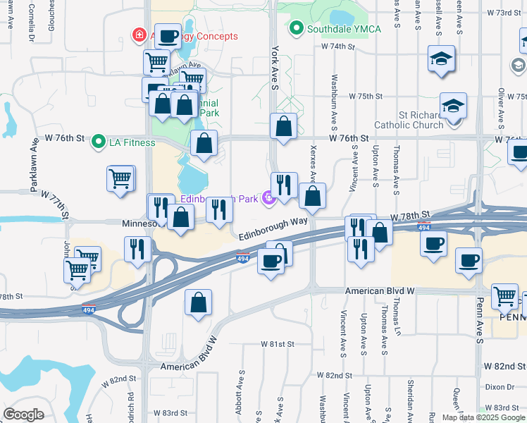 map of restaurants, bars, coffee shops, grocery stores, and more near 3330 Edinborough Way in Minneapolis