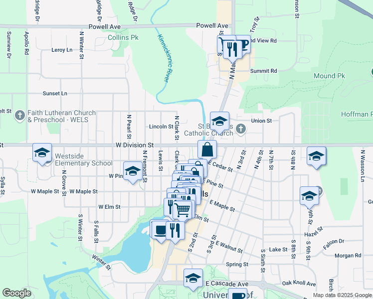 map of restaurants, bars, coffee shops, grocery stores, and more near 406 Clark Street in River Falls