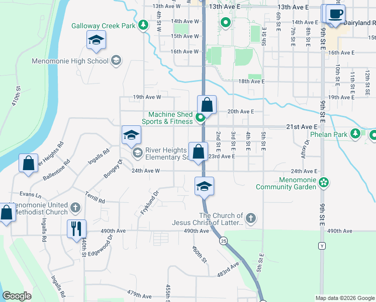map of restaurants, bars, coffee shops, grocery stores, and more near 2214 2nd St W in Menomonie