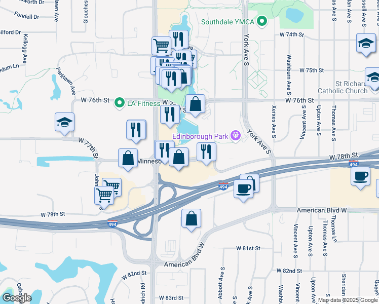 map of restaurants, bars, coffee shops, grocery stores, and more near Minnesota Drive in Edina