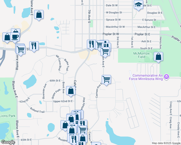map of restaurants, bars, coffee shops, grocery stores, and more near 6043 Candace Avenue in Inver Grove Heights