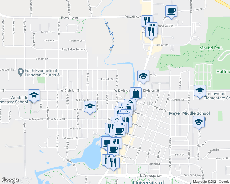 map of restaurants, bars, coffee shops, grocery stores, and more near 421 Clark Street in River Falls